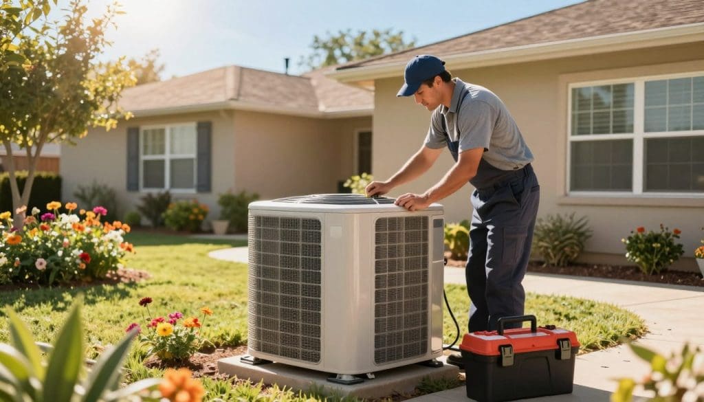 A vibrant, sunlit scene depicting a professional HVAC technician performing seasonal maintenance on a central air conditioning unit outside a suburban home. In the foreground, the technician, dressed in a neat uniform, is checking the system's outdoor components with a toolbox nearby, ensuring everything is in optimal condition. In the middle ground, a well-maintained yard and blooming flowers radiate warmth under the bright Texas sun, reflecting a sense of preparation and upkeep. In the background, a clear blue sky adds to the warm atmosphere. The composition should highlight the importance of preventive maintenance with a focus on the technician's meticulous work, evoking feelings of safety and reliability. The image should be well-lit, with soft shadows to enhance depth. A vibrant, sunlit scene depicting a professional HVAC technician performing seasonal maintenance on a central air conditioning unit outside a suburban home. In the foreground, the technician, dressed in a neat uniform, is checking the system's outdoor components with a toolbox nearby, ensuring everything is in optimal condition. In the middle ground, a well-maintained yard and blooming flowers radiate warmth under the bright Texas sun, reflecting a sense of preparation and upkeep. In the background, a clear blue sky adds to the warm atmosphere. The composition should highlight the importance of preventive maintenance with a focus on the technician's meticulous work, evoking feelings of safety and reliability. The image should be well-lit, with soft shadows to enhance depth.