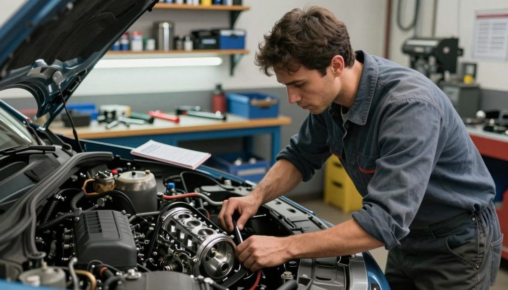 A well-lit automotive workshop scene showcasing a professional mechanic in modest casual clothing, focused on a car engine. In the foreground, the mechanic examines engine components like pistons and belts, reflecting a hands-on approach to major repairs. The middle ground displays various automotive tools and repair manuals, symbolizing the myths surrounding automotive repairs. The background features shelves stocked with spare parts and an illuminated workbench, adding depth to the environment. Soft, diffused lighting highlights the mechanic's determined expression, conveying a sense of expertise and reliability. The overall mood is one of professionalism and clarity, inviting viewers to rethink common misconceptions about major repairs. Capture this scene from a slight angle, enhancing the immersion in the workshop setting, with a shallow depth of field to focus on the action.