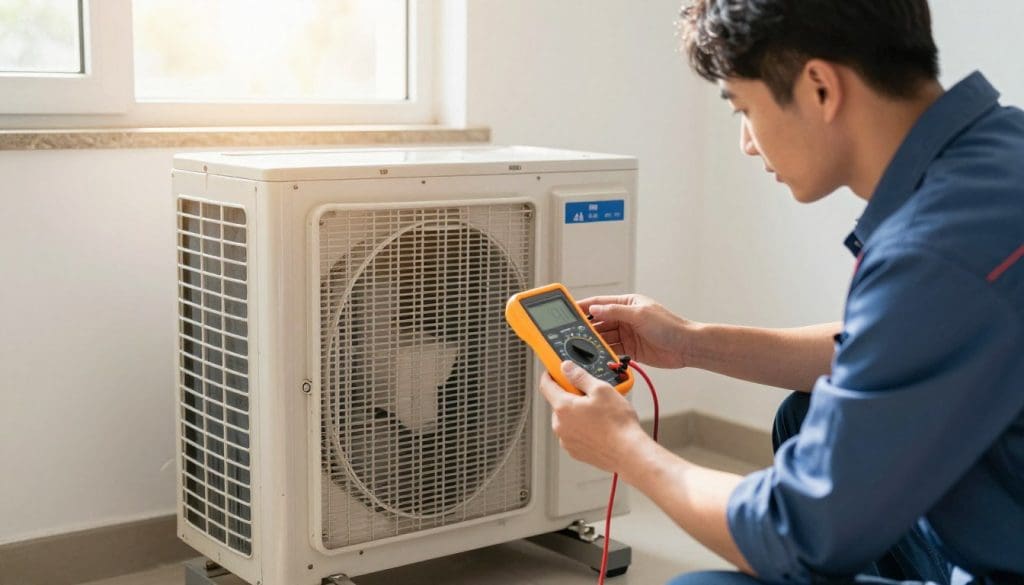 A well-lit indoor setting showcasing a professional technician inspecting a central air conditioning unit before summer. In the foreground, the technician, dressed in smart casual attire, is checking the unit with a digital multimeter. The middle ground features the air conditioning unit with various components clearly visible, highlighting dust and potential wear. In the background, bright sunlight streams through a nearby window, casting soft shadows and creating a warm atmosphere that reflects the impending summer heat. The mood is focused and proactive, emphasizing the importance of routine maintenance with a clean and organized workspace. This image embodies the essence of preparing an A/C system for the upcoming heat wave.