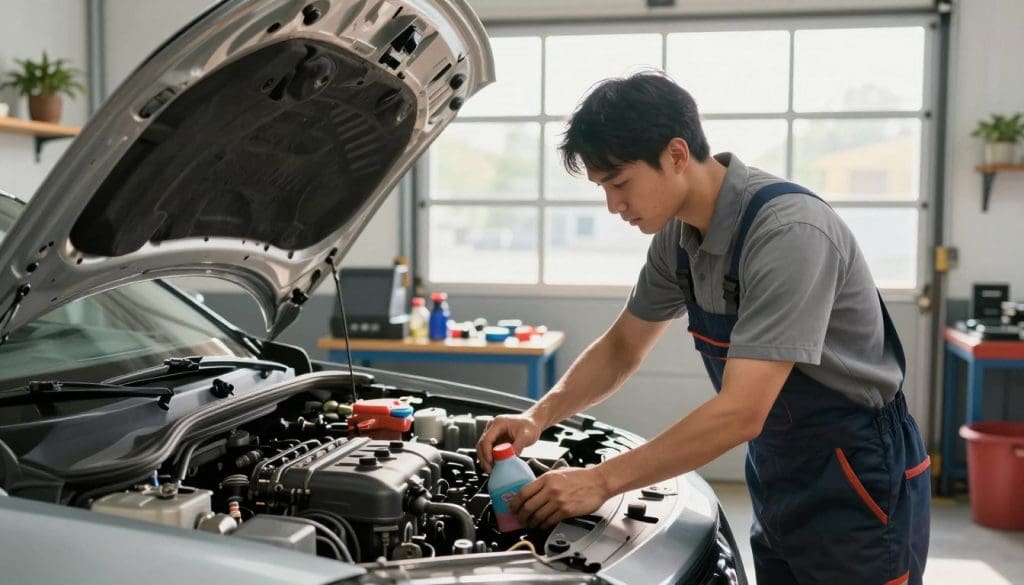 A well-maintained vehicle in a bright, inviting garage setting, showcasing a mechanic performing a tune-up. In the foreground, the mechanic, dressed in professional work attire, is focused on checking the engine's fluids, symbolizing careful preventative maintenance. The middle layer features various tools and vehicle parts organized neatly, indicating an efficient workspace. In the background, a large window streams warm, natural light, enhancing the inviting atmosphere and creating soft shadows. The garage is clean and well-organized, with a plant on a shelf to add a touch of greenery and life. The overall mood conveys a sense of diligence and care, emphasizing the importance of long-term vehicle maintenance. A well-maintained vehicle in a bright, inviting garage setting, showcasing a mechanic performing a tune-up. In the foreground, the mechanic, dressed in professional work attire, is focused on checking the engine's fluids, symbolizing careful preventative maintenance. The middle layer features various tools and vehicle parts organized neatly, indicating an efficient workspace. In the background, a large window streams warm, natural light, enhancing the inviting atmosphere and creating soft shadows. The garage is clean and well-organized, with a plant on a shelf to add a touch of greenery and life. The overall mood conveys a sense of diligence and care, emphasizing the importance of long-term vehicle maintenance.