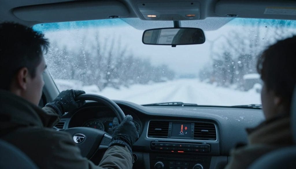 A wintery scene inside a car showing a driver looking worried while wearing a warm jacket and gloves. The foreground features the driver gripping the steering wheel with frost on the inside windshield, suggesting the cold environment. In the middle, the dashboard displays warning lights indicating issues, like a thermometer symbol and a fan icon, emphasizing the heater problem. The background reveals a snowy landscape outside the car windows, with soft falling snowflakes adding to the chilly atmosphere. The lighting is dim, with a pale blue hue suggesting a cold and uncomfortable ambiance. The overall mood conveys a sense of concern and urgency about driving in unsafe conditions without a functional heater. A wintery scene inside a car showing a driver looking worried while wearing a warm jacket and gloves. The foreground features the driver gripping the steering wheel with frost on the inside windshield, suggesting the cold environment. In the middle, the dashboard displays warning lights indicating issues, like a thermometer symbol and a fan icon, emphasizing the heater problem. The background reveals a snowy landscape outside the car windows, with soft falling snowflakes adding to the chilly atmosphere. The lighting is dim, with a pale blue hue suggesting a cold and uncomfortable ambiance. The overall mood conveys a sense of concern and urgency about driving in unsafe conditions without a functional heater.