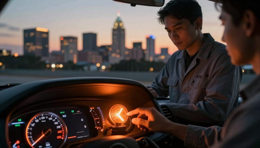 An artistic depiction of a glowing check engine light on a vehicle dashboard, set against the backdrop of a San Antonio skyline during twilight. In the foreground, the brightly illuminated check engine light emanates a warm, orange glow, highlighting the dashboard's sleek, modern design with detailed buttons and dials. In the middle, a professional mechanic in modest attire examines the dashboard, conveying a sense of expertise and focus. The background features a soft-focus view of the San Antonio skyline, with iconic landmarks gently illuminated by dusk, creating a serene yet informative atmosphere. The lighting should be warm, enhancing the mood of technology and innovation. The scene captures the essence of automotive sensor technology trends, blending the urban environment with automotive diagnostics. An artistic depiction of a glowing check engine light on a vehicle dashboard, set against the backdrop of a San Antonio skyline during twilight. In the foreground, the brightly illuminated check engine light emanates a warm, orange glow, highlighting the dashboard's sleek, modern design with detailed buttons and dials. In the middle, a professional mechanic in modest attire examines the dashboard, conveying a sense of expertise and focus. The background features a soft-focus view of the San Antonio skyline, with iconic landmarks gently illuminated by dusk, creating a serene yet informative atmosphere. The lighting should be warm, enhancing the mood of technology and innovation. The scene captures the essence of automotive sensor technology trends, blending the urban environment with automotive diagnostics.