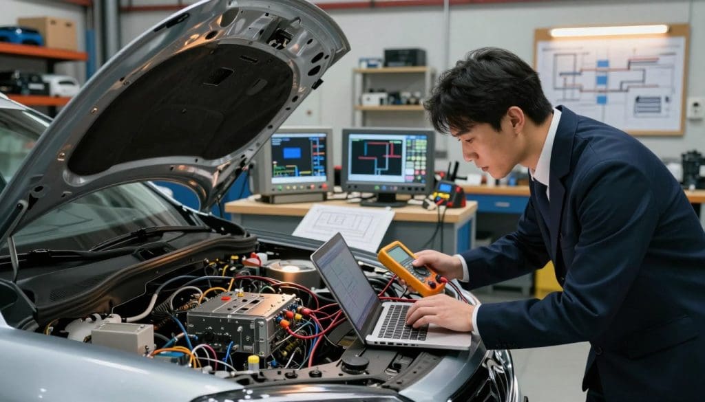 An automotive garage filled with advanced electrical diagnostic equipment, featuring a sleek, modern car with its hood open, revealing a complex tangle of wires and circuitry underneath. In the foreground, a technician in professional business attire is intently examining a digital multimeter and a laptop, focused on diagnosing an electrical issue. The middle ground showcases diagnostic tools, oscilloscopes, and wiring diagrams spread out on a workbench, with soft overhead lighting casting a warm glow. The background reveals the garage's busy atmosphere, with shelves of spare parts and a bulletin board filled with electrical schematics. The mood conveys a sense of urgency and complexity, illustrating the challenges faced in electrical troubleshooting. An automotive garage filled with advanced electrical diagnostic equipment, featuring a sleek, modern car with its hood open, revealing a complex tangle of wires and circuitry underneath. In the foreground, a technician in professional business attire is intently examining a digital multimeter and a laptop, focused on diagnosing an electrical issue. The middle ground showcases diagnostic tools, oscilloscopes, and wiring diagrams spread out on a workbench, with soft overhead lighting casting a warm glow. The background reveals the garage's busy atmosphere, with shelves of spare parts and a bulletin board filled with electrical schematics. The mood conveys a sense of urgency and complexity, illustrating the challenges faced in electrical troubleshooting.