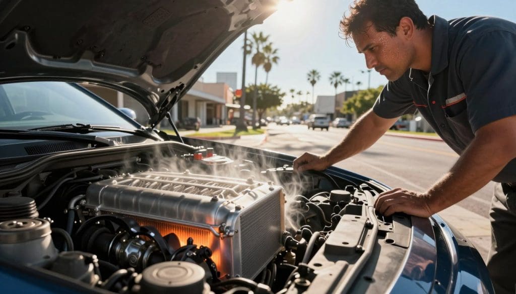 An automotive scene showcasing the effects of the intense San Antonio heat on vehicle cooling systems. In the foreground, a close-up of a car engine with visible heat distortion, emphasizing the radiator and cooling fan surrounded by shimmering heat waves. The middle ground features a sun-drenched street in San Antonio, with palm trees flanking a bustling cityscape, demonstrating the high temperatures. A mechanic in professional attire examines the car, sweat glistening on their brow, conveying the struggle against the heat. The background reveals a clear blue sky with the sun blazing down, enhancing the sense of heat and urgency. Soft, warm lighting creates a realistic atmosphere, while a slight depth of field blurs the distant elements, focusing on the automotive cooling system's challenge in extreme temperatures. An automotive scene showcasing the effects of the intense San Antonio heat on vehicle cooling systems. In the foreground, a close-up of a car engine with visible heat distortion, emphasizing the radiator and cooling fan surrounded by shimmering heat waves. The middle ground features a sun-drenched street in San Antonio, with palm trees flanking a bustling cityscape, demonstrating the high temperatures. A mechanic in professional attire examines the car, sweat glistening on their brow, conveying the struggle against the heat. The background reveals a clear blue sky with the sun blazing down, enhancing the sense of heat and urgency. Soft, warm lighting creates a realistic atmosphere, while a slight depth of field blurs the distant elements, focusing on the automotive cooling system's challenge in extreme temperatures.
