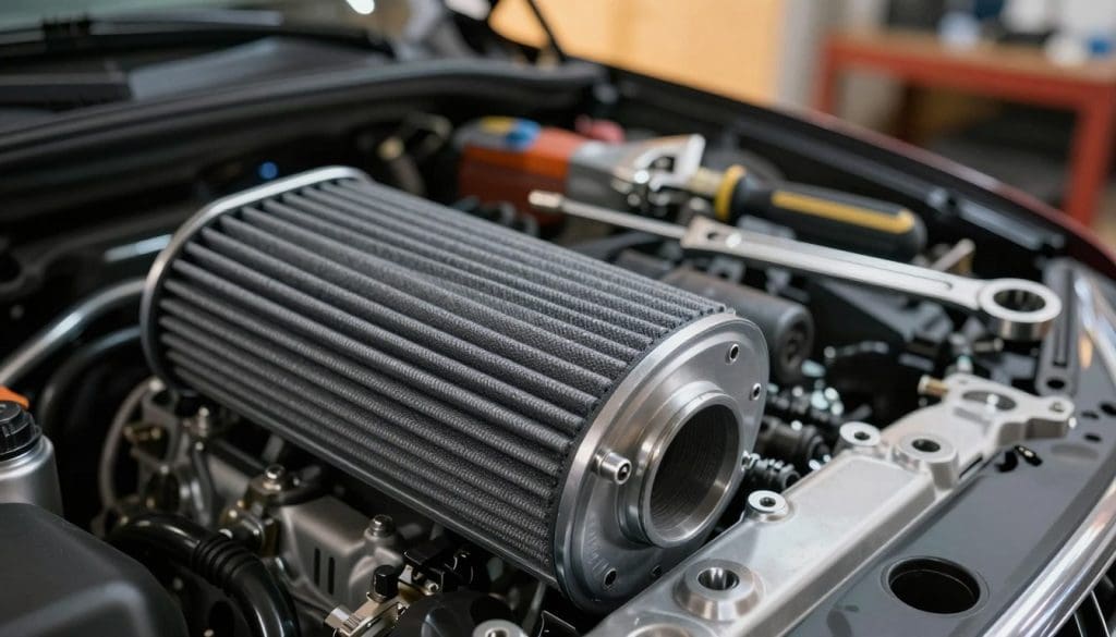 An engine air filter prominently displayed in the foreground, showcasing its intricate layers of filtering material and mesh. The filter is set against a smoothly polished automotive engine block, with reflections highlighting its mechanical excellence. In the middle ground, tools like a flathead screwdriver and an adjustable wrench are subtly arranged to suggest maintenance work. The background features a softly blurred garage scene with warm, ambient lighting that creates a cozy atmosphere, reminiscent of a dedicated workspace. The overall color palette combines shades of gray, black, and metallic silver, invoking a sense of reliability and durability. The camera angle is slightly above eye level, allowing for a dynamic perspective that emphasizes the importance of the air filter as critical to engine performance.