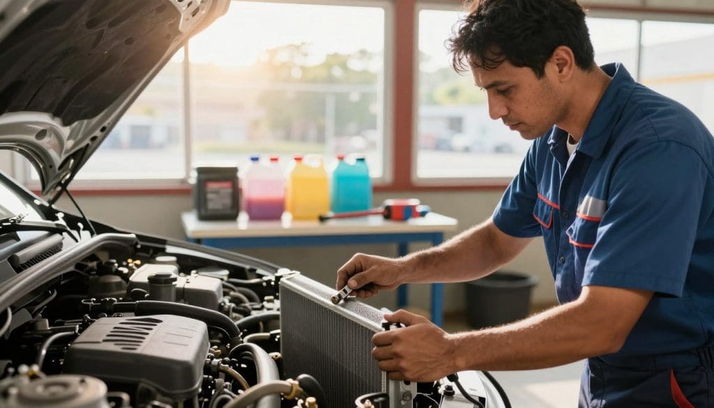A bright and sunny San Antonio afternoon scene depicting an experienced mechanic working meticulously on a car's cooling system in a well-lit garage. In the foreground, the mechanic, dressed in tidy work attire, examines a car's radiator with tools in hand, showcasing attention to detail. The middle ground features a clean workbench with cooling system components, coolant containers, and tools arranged neatly, emphasizing the theme of summer car care. In the background, large windows let in warm sunlight, creating a cheerful and inviting atmosphere. The entire scene has a vibrant, energetic mood, reflecting the importance of vehicle preparation for the summer heat. The image should be clear, with a focus on the mechanic’s actions and the tools, captured with a slight depth of field to bring focus to the subject.