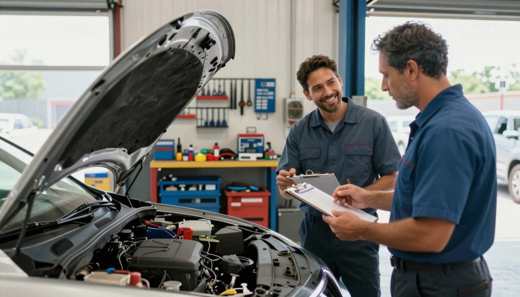 A bustling auto repair shop in Boerne, Texas, showcasing a commitment to transparency and fair pricing. In the foreground, a mechanic in a clean uniform examines a car with an open hood, tools in hand, emphasizing professionalism and expertise. The middle ground features a well-organized workspace with various tools and auto parts neatly arranged, while a second mechanic provides a friendly consultation to a customer gesturing towards a price estimate on a clipboard. The background reveals the shop's clean interior, with natural light streaming in through large windows, enhancing the welcoming atmosphere. The scene captures a genuine moment of collaboration and trust, reflecting the shop's dedication to customer service. The lighting is bright and inviting, creating a positive and reassuring mood.