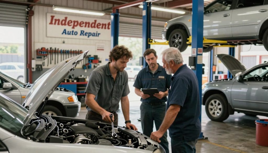 A bustling independent auto repair shop in San Antonio during daylight, showcasing a clean, organized environment filled with various vehicles undergoing maintenance. In the foreground, a skilled mechanic in modest casual clothing is focused on inspecting an engine with a wrench in hand, while another mechanic is discussing options with a customer, conveying professionalism and trust. The middle ground shows well-maintained tools hanging on the wall and service lifts in action, with bright, natural lighting illuminating the space. In the background, a sign displaying “Independent Auto Repair” is visible, blending with the charm of a local business. The ambiance is friendly and welcoming, emphasizing the personal touch of independent service versus a corporate feel. The angle captures the depth of the workshop, inviting viewers into the scene.