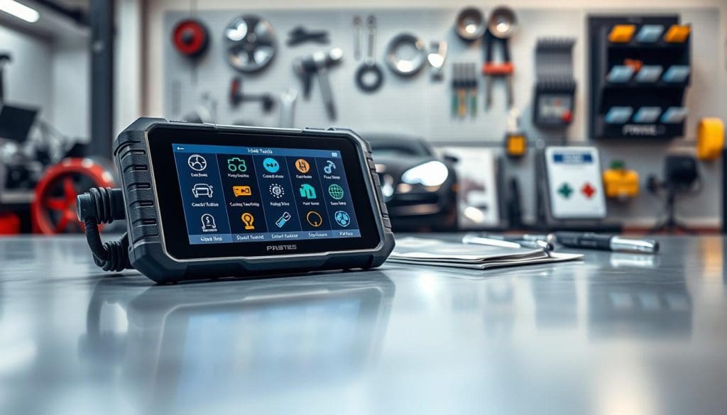 A close-up image of a high-tech automotive scan tool resting on a sleek, modern workbench. In the foreground, the scan tool is prominently displayed, showcasing its bright, digital screen with various diagnostic icons and codes illuminated. The middle ground features a set of mechanical tools and car manuals, hinting at a professional automotive workshop atmosphere. The background includes blurred silhouettes of car parts and a wall-mounted tool organizer, enhancing the technical environment. Soft, diffused lighting creates a focused spotlight effect on the scan tool, emphasizing its significance. The overall mood is informative and professional, illustrating the distinction between basic code reading and advanced diagnostics in automotive technology. A close-up image of a high-tech automotive scan tool resting on a sleek, modern workbench. In the foreground, the scan tool is prominently displayed, showcasing its bright, digital screen with various diagnostic icons and codes illuminated. The middle ground features a set of mechanical tools and car manuals, hinting at a professional automotive workshop atmosphere. The background includes blurred silhouettes of car parts and a wall-mounted tool organizer, enhancing the technical environment. Soft, diffused lighting creates a focused spotlight effect on the scan tool, emphasizing its significance. The overall mood is informative and professional, illustrating the distinction between basic code reading and advanced diagnostics in automotive technology.