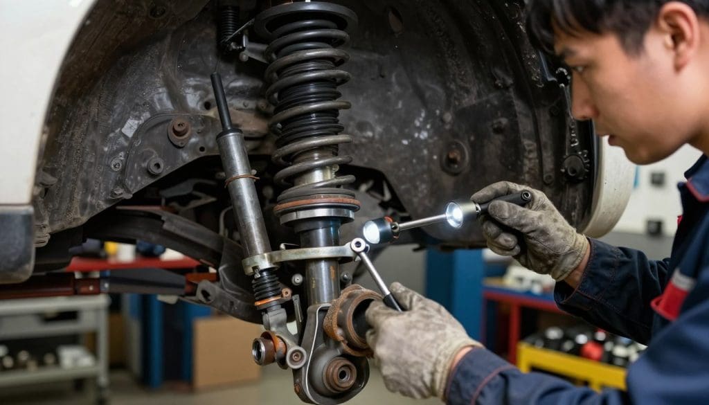 A close-up inspection of a vehicle's suspension and steering components, highlighting wear and damage. In the foreground, a skilled mechanic in professional attire examines the worn-out parts, equipped with tools like a torque wrench and flashlight. The middle ground features detailed views of struts, control arms, bushings, and tie rods, with visible signs of wear, such as cracks and rust. In the background, a dimly lit garage filled with automotive equipment and parts enhances the focus on the inspection. Soft, diffused lighting casts shadows that emphasize the texture and condition of the components, creating a serious and informative atmosphere, perfect for highlighting critical vehicle maintenance.