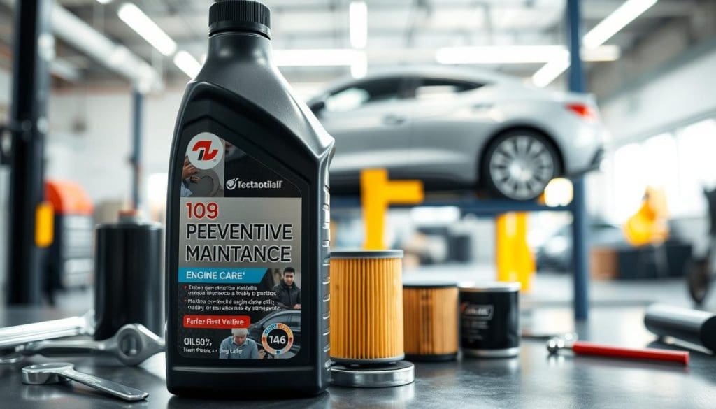 A close-up shot of a bottle of preventative maintenance oil, prominently displayed in the foreground. The bottle is sleek, with a modern design featuring a transparent label that highlights the oil's viscosity and benefits for engine care. Surrounding the bottle in the middle ground are tools like wrenches and filters, symbolizing vehicle maintenance. In the background, a well-lit, organized garage environment with a car on a lift adds context, suggesting a professional setting. Soft, natural lighting enhances the clarity and detail of the oil bottle, creating a polished, informative atmosphere. The overall mood is one of professionalism and reliability, emphasizing the importance of preventative maintenance in vehicle care.