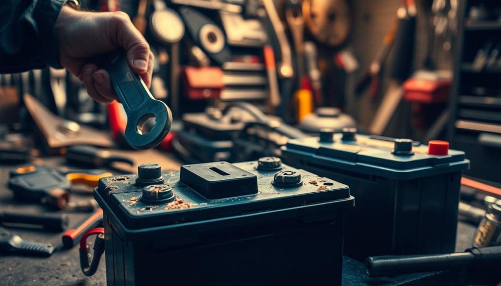 A close-up view of a car battery at a mechanic’s workbench, with tools scattered around, symbolizing the dilemma of repair versus replacement. The foreground features the battery, slightly worn with visible corrosion on the terminals. On one side, a mechanic’s hand is poised with a wrench, indicating repair, while on the other side, a new battery stands ready to be replaced. In the background, a dimly lit garage filled with automotive tools creates a focused, professional atmosphere. Soft, warm lighting illuminates the scene, casting gentle shadows to enhance the mood of contemplation and decision-making. The angle captures the tension between the old and new, reflecting the critical choice in maintaining vehicle performance.