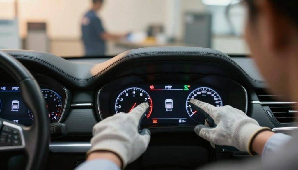 A close-up view of a car dashboard displaying various warning lights, including check engine, oil pressure, battery alert, and tire pressure indicators, illuminated with soft yet vivid LED lighting. In the foreground, a pair of hands, wearing professional mechanic gloves, are pointing at the illuminated warning lights, demonstrating understanding and urgency. The middle ground features a sleek modern car interior with high-resolution displays and smooth black leather upholstery. In the background, the faint silhouette of a mechanic shop can be seen, softly lit to evoke a professional atmosphere. The overall mood is informative and engaging, designed to convey the importance of understanding dashboard warning lights. The image has a warm, inviting tone, suitable for educational content.