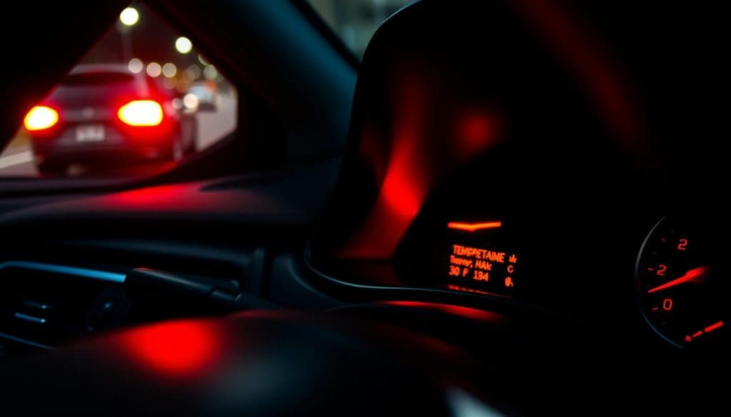 A close-up view of a car dashboard featuring a bright red engine temperature warning light illuminated prominently. The dashboard is well-detailed, showcasing modern design elements like sleek buttons and a digital display. In the background, slightly blurred, hints of the interior of the car can be seen, including the steering wheel and the blurred view of the road outside through the windshield. The lighting is dim, with a focus on the glowing warning light, creating an atmosphere of urgency and concern. The image captures the seriousness of a potential engine overheating situation, highlighting the importance of monitoring engine temperature while driving. The overall mood is tense, underscoring the critical nature of the warning light.