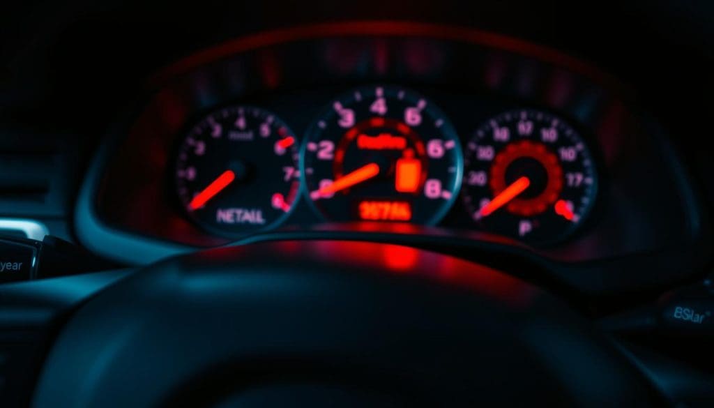 A close-up view of a car dashboard featuring a prominently illuminated "check engine" light. The light glows in a bright red color, casting a subtle reflection on the dashboard surface. In the foreground, focus on the dashboard controls, showcasing sleek buttons and dials that hint at the vehicle's sophistication. The middle layer reveals the dashboard display, where the check engine light stands out against a backdrop of digital indicators and fuel gauges. The background subtly blurs the surrounding interior, with soft ambient lighting enhancing the serious tone of the scene. Capture this from a slightly elevated angle, creating a sense of urgency yet clarity about the vehicle's condition. The atmosphere conveys a mix of concern and technical intrigue, suitable for understanding the mechanics behind an active engine misfire.