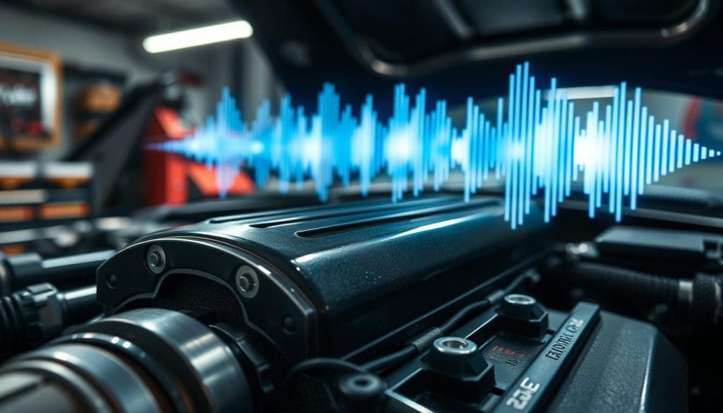 A close-up view of a car engine, prominently showcasing a mechanical part emitting a sound wave visual, symbolizing a knocking noise. In the foreground, a shiny engine component with intricate details reflects soft, diffused lighting, highlighting its texture. The middle ground features subtle soundwave patterns in a translucent, ethereal blue, visually representing the knocking sound. In the background, a dimly lit garage setting with tools and an open hood provides context, emphasizing a feeling of diagnostic scrutiny. The overall atmosphere is one of tension and focus, inviting the viewer to understand the implications of engine noises. Shot with a shallow depth of field to draw attention to the engine details while softly blurring the background. A close-up view of a car engine, prominently showcasing a mechanical part emitting a sound wave visual, symbolizing a knocking noise. In the foreground, a shiny engine component with intricate details reflects soft, diffused lighting, highlighting its texture. The middle ground features subtle soundwave patterns in a translucent, ethereal blue, visually representing the knocking sound. In the background, a dimly lit garage setting with tools and an open hood provides context, emphasizing a feeling of diagnostic scrutiny. The overall atmosphere is one of tension and focus, inviting the viewer to understand the implications of engine noises. Shot with a shallow depth of field to draw attention to the engine details while softly blurring the background.