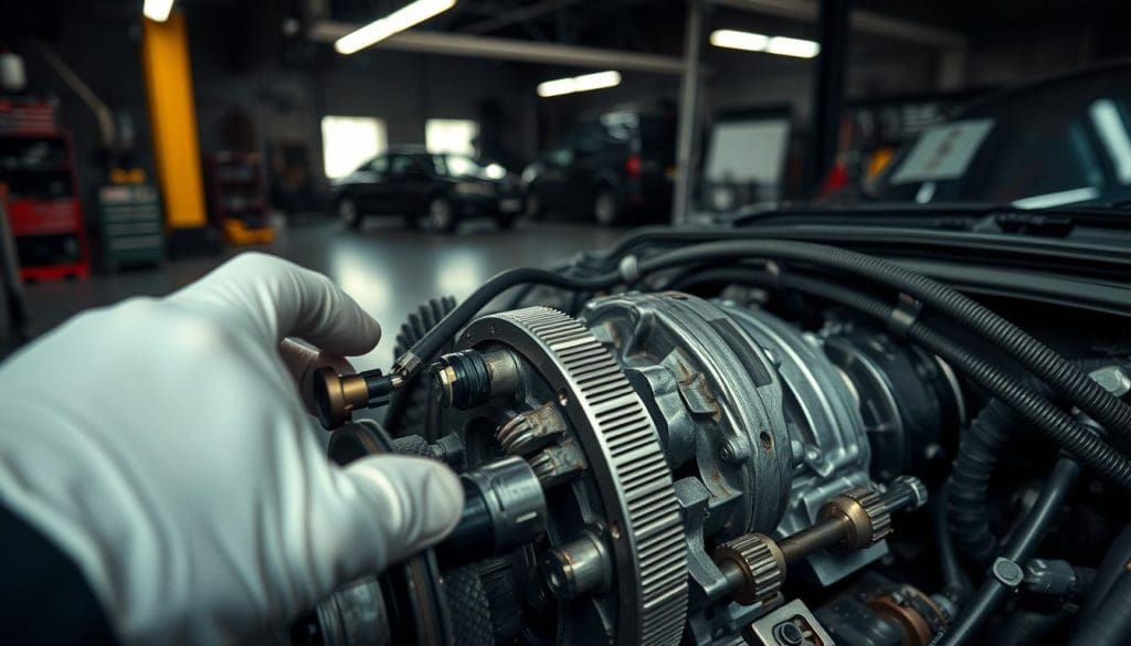 A close-up view of a car engine transmission, prominently displaying mechanical intricacies like gears and cables that symbolize hesitation. The foreground focuses on a slightly malfunctioning part, exhibiting subtle signs of wear and tear, while a mechanic's hands in professional gloves are seen examining the components, indicating a troubleshooting context. In the middle ground, the inside of a dimly lit garage is visible, with tools and equipment arranged neatly. The background features faint silhouettes of other vehicles, hinting at a busy workshop atmosphere. Soft, ambient lighting casts gentle shadows, creating a contemplative mood, evoking the seriousness of diagnosing mechanical issues. Shot from a low angle to emphasize the complexity of the transmission system.