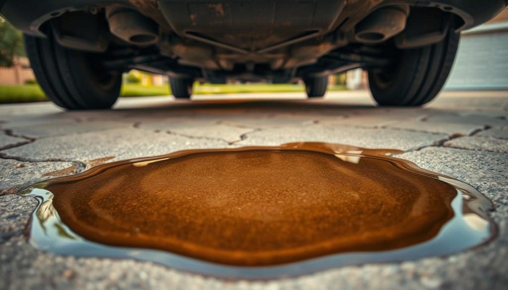 A close-up view of a car parked in a driveway, highlighting a significant oil leak beneath the engine. In the foreground, a glossy puddle of motor oil reflects the driveway surface, with faint oil stains spreading outwards in a circular pattern. The middle ground features the car's undercarriage partially visible, showcasing an oil pan with visible damage and oily residue. In the background, a blurred suburban environment, with a well-manicured lawn and a garage, adds context without distraction. The lighting is soft, suggesting early evening with a warm golden hue, casting gentle shadows that enhance the textures of the oil and pavement. The overall atmosphere conveys concern and the pressing need for a mechanic's inspection.