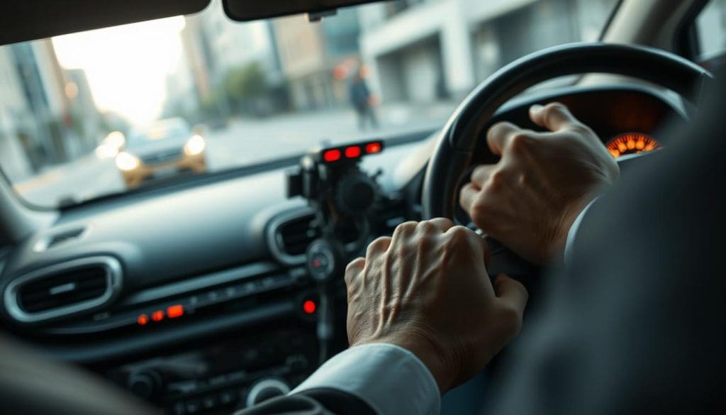 A close-up view of a car transmission system exhibiting a slipping effect, highlighting gears in motion with a faint blur to suggest malfunction. In the foreground, a pair of hands, clad in professional attire, gripping a steering wheel with a tense expression. The middle ground features the dashboard, with warning lights illuminated, casting a soft red glow. In the background, an urban street scene is partially visible through the windshield, blurring to indicate the car is not fully engaging. The scene is bathed in soft, diffused lighting to evoke a feeling of unease and frustration. A shallow depth of field focuses attention on the transmission while the environment subtly fades into abstraction. A close-up view of a car transmission system exhibiting a slipping effect, highlighting gears in motion with a faint blur to suggest malfunction. In the foreground, a pair of hands, clad in professional attire, gripping a steering wheel with a tense expression. The middle ground features the dashboard, with warning lights illuminated, casting a soft red glow. In the background, an urban street scene is partially visible through the windshield, blurring to indicate the car is not fully engaging. The scene is bathed in soft, diffused lighting to evoke a feeling of unease and frustration. A shallow depth of field focuses attention on the transmission while the environment subtly fades into abstraction.
