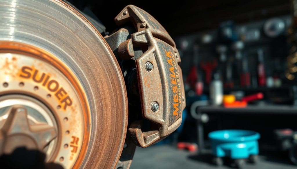 A close-up view of a car wheel and brake caliper, highlighting the squeaky brake pads, with visible wear and tear. The foreground focuses on the textured, slightly rusted brake rotor, glistening under bright, natural sunlight. The middle section features the brake pads in crisp detail, showing the friction material and embedded metal indicators. In the background, a blurred automotive workshop filled with tools and equipment, emphasizing a mechanical environment. The image should be captured with a shallow depth of field, using a standard lens angle that draws attention to the braking system. The mood conveys a sense of urgency and concern, as it illustrates the common mechanical causes of squeaky brakes in vehicles.