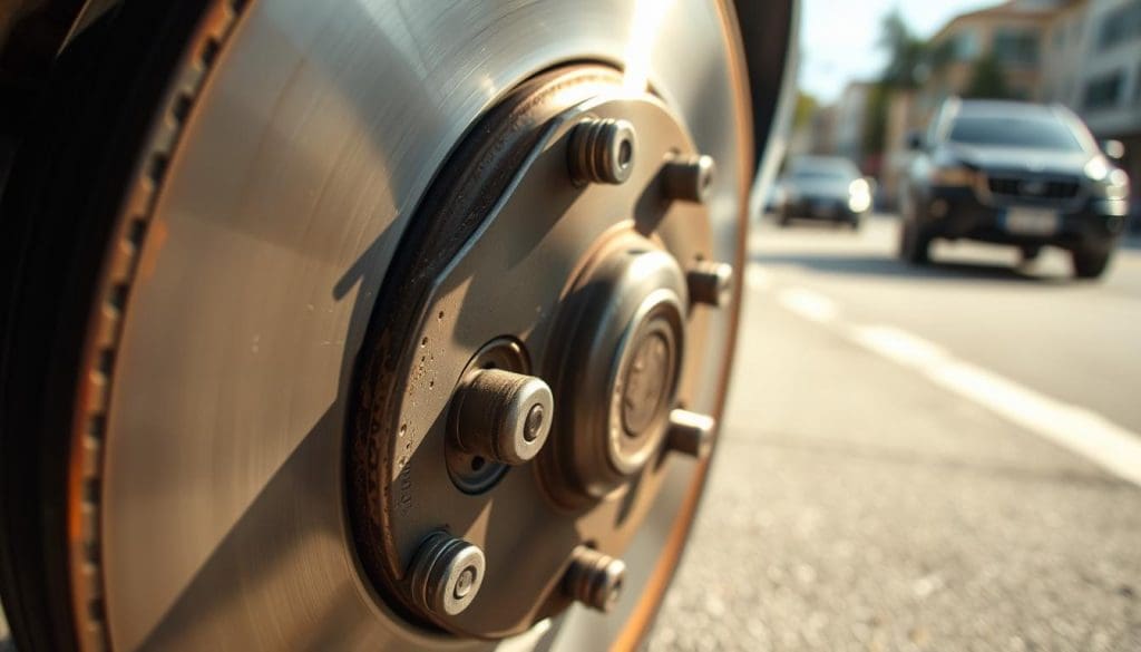 A close-up view of a car's brake system in action, showcasing the brake pads and rotors. In the foreground, highlight the glint of metallic brake components, with subtle wear marks and dust accumulation reflecting a hint of light. The middle layer features a partially obscured wheel, emphasizing the motion of the car while braking, creating a sense of urgency. In the background, a blurred street scene provides context, suggesting a busy urban environment. The lighting is natural, with soft sunlight casting gentle shadows, creating a realistic atmosphere. The image conveys a sense of concern and curiosity, evoking the viewer's interest in understanding the mechanics behind squeaky brakes.