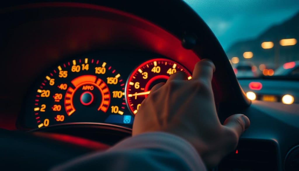 A close-up view of a car's dashboard displaying a glowing engine temperature gauge, with the needle indicating a dangerously high level in the red zone. The foreground features the intricate design of the gauge with sharp details and glowing indicators, emphasizing the urgency. In the middle ground, a hand reaches towards the gauge to check it, depicted in modest casual clothing, conveying a sense of concern. The background is a blurred view of the car's interior, suggesting a moment of distress during traffic. The scene is illuminated with warm, ambient lighting to evoke a sense of urgency and seriousness, focusing on the gauge's vivid colors against a dark dashboard. The composition is shot from a slightly angled perspective to enhance depth and engagement. A close-up view of a car's dashboard displaying a glowing engine temperature gauge, with the needle indicating a dangerously high level in the red zone. The foreground features the intricate design of the gauge with sharp details and glowing indicators, emphasizing the urgency. In the middle ground, a hand reaches towards the gauge to check it, depicted in modest casual clothing, conveying a sense of concern. The background is a blurred view of the car's interior, suggesting a moment of distress during traffic. The scene is illuminated with warm, ambient lighting to evoke a sense of urgency and seriousness, focusing on the gauge's vivid colors against a dark dashboard. The composition is shot from a slightly angled perspective to enhance depth and engagement.