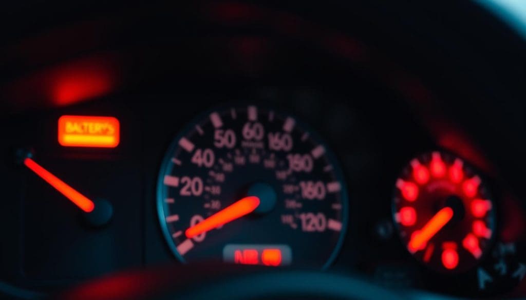 A close-up view of a car's dashboard featuring a glowing battery warning light, highlighted prominently to emphasize its importance. The foreground focuses on the warning light itself, which is a vivid red, illuminating the surrounding area. In the middle ground, the dashboard's intricate details, such as the speedometer and other warning indicators, are slightly blurred to draw attention to the battery light. The background includes a darkened car interior to create a stark contrast, with soft ambient lighting suggesting the vehicle is in motion. The mood is slightly tense, reflecting the urgency of potential alternator failure. The angle is slightly tilted from above, capturing the warning light in a dramatic fashion, while ensuring no text or distractions are included in the image.
