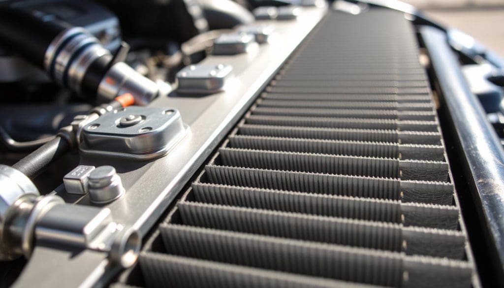 A close-up view of a car's engine condenser, showcasing intricate details such as metal fins, pipes, and the connection points to the engine. The foreground features glints of sunlight reflecting off the polished metal components, highlighting the engineering craftsmanship. The middle ground focuses on the condenser's cooling fins, emphasizing their structure and functionality, with faint traces of heat distortion visible. In the background, blurred elements of a car's engine bay add context, suggesting an active working environment. The lighting is bright and natural, casting soft shadows that enhance the depth of the scene. The mood conveys a sense of precision and technical reliability, perfect for illustrating the cooling system's importance in maintaining optimal engine temperatures.