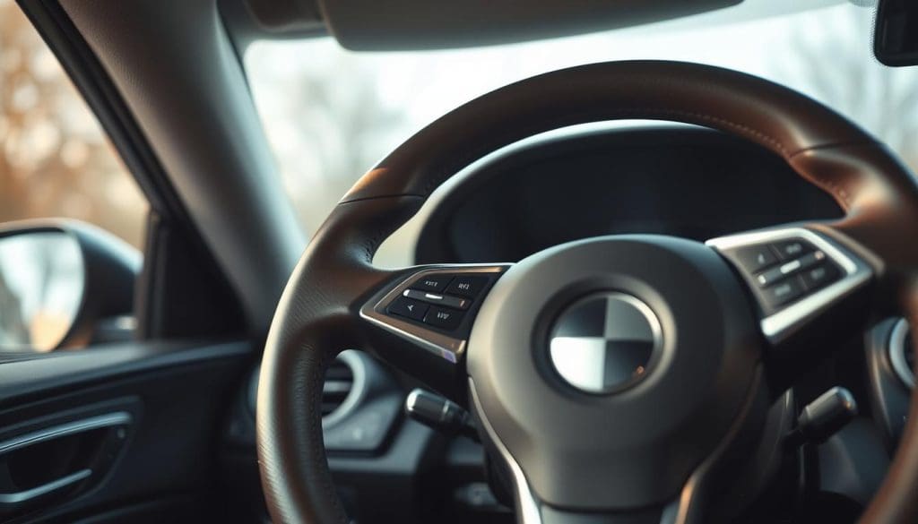 A close-up view of a car's steering wheel vibrating, set in the foreground, with visible motion blur effects to convey the vibration. The steering wheel is leather-wrapped, showcasing its texture, while the dashboard of the vehicle provides a blurred background, hinting at the interior of a modern car. Soft, natural lighting filters through the windshield, creating highlights on the chrome accents of the steering wheel, enhancing the sense of realism. The camera angle is slightly tilted from above, giving a dynamic perspective. The mood is tense yet technical, indicating a sense of urgency related to the topic of brake system problems, compelling viewers to focus on the steering wheel's movement without distraction.