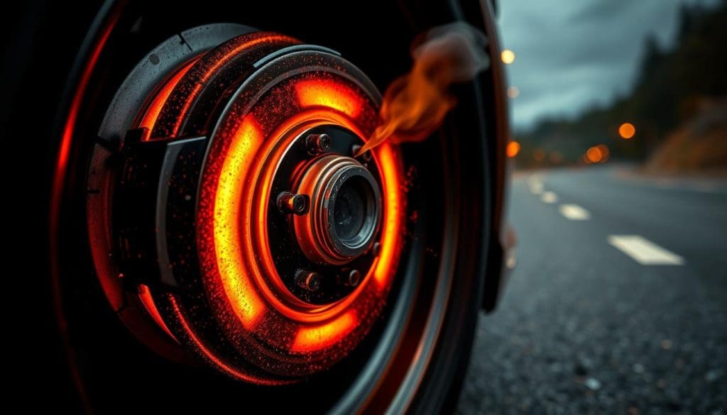 A close-up view of a car's wheel and brake system, showcasing glowing, overheated brake calipers emitting wisps of smoke, illuminated by warm orange and yellow hues. The texture of the brake pads shows signs of wear and overheating, with fine particles of ash swirling in the air. In the background, a blurred image of a road stretches out, hinting at a high-speed driving scenario. The lighting is dramatic, casting shadows that emphasize the intensity of the heat. The atmosphere is tense, invoking a sense of urgency and concern, as the car appears to be pulled over on the roadside.