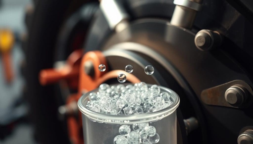 A close-up view of a hydraulic brake system showcasing the concept of air trapped in the fluid. In the foreground, depict a transparent brake fluid reservoir with bubbles of air rising to the surface, highlighting the presence of trapped air. The middle ground should feature a detailed brake master cylinder, with hydraulic lines connected, illustrating the complexity of the system. The background should softly blur some tools and a vehicle chassis, creating a garage atmosphere. Use dramatic lighting to enhance the clarity of the bubbles, casting subtle shadows to emphasize depth. The angle should be slightly tilted for a dynamic perspective, suggesting a sense of urgency and mechanical intricacy. The overall mood should convey a professional yet slightly concerning tone, reflecting the importance of addressing brake issues.
