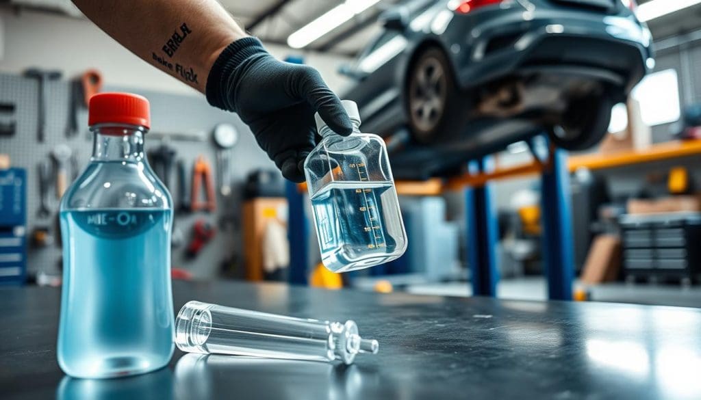 A close-up view of a mechanic inspecting brake fluid in a well-lit automotive workshop. The foreground features a cleanly outlined bottle of brake fluid with a clear measuring dipstick beside it, both positioned on a workbench. In the middle, a pair of gloved hands carefully hold a transparent brake fluid reservoir, examining its fluid levels. The background showcases tools neatly arranged on a pegboard and a car lift in operation, hinting at ongoing vehicle maintenance. Natural light floods the scene, enhancing the polished surfaces and creating a professional atmosphere. The overall mood conveys diligence and safety, emphasizing the importance of routine vehicle care without any distractions.