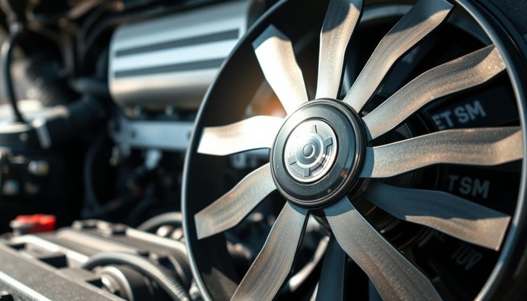 A close-up view of a modern automotive cooling fan, intricately detailed with metal blades glistening under the sunlight. The foreground features the fan showcasing its sleek design and intricate components, emphasizing its functionality. In the middle ground, the fan is mounted within the engine bay of a vehicle, surrounded by other mechanical elements like hoses and radiators. The background offers a soft-focus view of the engine compartment, with subtle hints of vehicle wiring and insulation materials. Bright, natural lighting highlights the textures and colors of the metal and plastic, creating a dynamic and technical atmosphere. The angle captures the fan’s rotating motion, conveying its critical role in maintaining optimal system performance while driving.