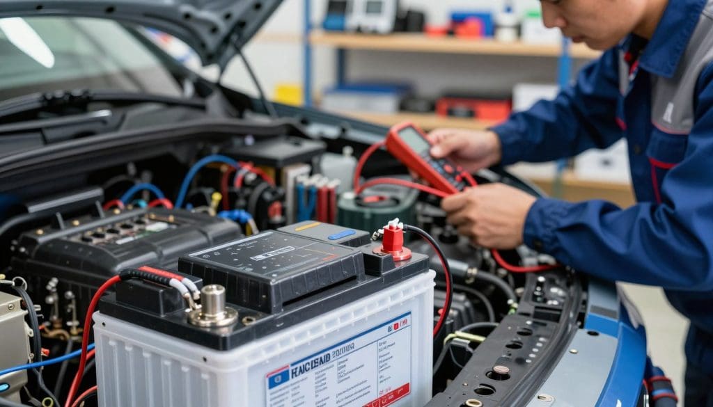A close-up view of a modern car battery connected to an advanced electrical system, showcasing high-tech components like circuits and wiring in a well-lit, mechanic workshop environment. In the foreground, the battery is prominently displayed with clear labels and visual indicators highlighting its health and longevity features. The middle ground features intricate electrical connections, with a technician in professional attire examining the system, using tools like a multimeter and diagnostic equipment. The background should have shelves stocked with various automotive parts and tools, softly blurred to focus on the battery and electrical connections. The lighting is bright and clear, emphasizing the cleanliness and precision of the environment, evoking a mood of professionalism and technical expertise.