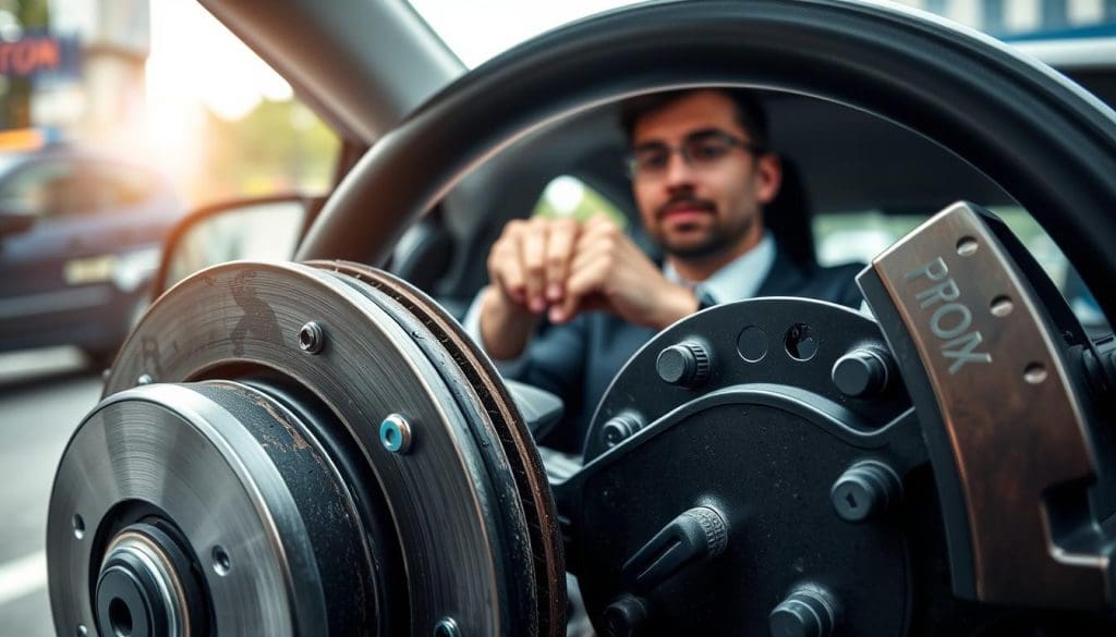 A close-up view of a modern car's braking system, showcasing brake pads, rotors, and calipers in the foreground, with an emphasis on wear and tear caused by improper driving habits. In the middle ground, a driver in professional attire is seen gripping the steering wheel with an attentive expression, demonstrating focus on the road while braking. The background features a blurred city street, hinting at a busy traffic environment. Use soft, natural lighting to highlight the details of the braking components, with a slight lens flare to give a dynamic feel. The mood is educational and insightful, emphasizing the connection between driving habits and vehicle performance without distractions or text overlays. A close-up view of a modern car's braking system, showcasing brake pads, rotors, and calipers in the foreground, with an emphasis on wear and tear caused by improper driving habits. In the middle ground, a driver in professional attire is seen gripping the steering wheel with an attentive expression, demonstrating focus on the road while braking. The background features a blurred city street, hinting at a busy traffic environment. Use soft, natural lighting to highlight the details of the braking components, with a slight lens flare to give a dynamic feel. The mood is educational and insightful, emphasizing the connection between driving habits and vehicle performance without distractions or text overlays.