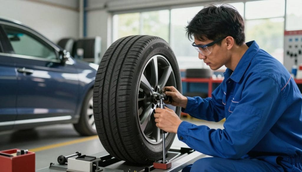 A close-up view of a professional mechanic expertly inspecting a car's tires and drivetrain alignment in a well-lit auto repair shop. The mechanic, wearing a crisp blue work shirt and safety glasses, is kneeling beside a sleek sedan, using a precision alignment tool. Surrounding them, neatly organized tools and equipment reflect a clean and efficient workspace. In the background, hints of tire racks and alignment machinery are subtly out of focus, adding depth to the scene. Natural daylight filters through large shop windows, casting soft shadows that create a welcoming atmosphere. The overall mood is focused and meticulous, emphasizing the importance of tire care and drivetrain alignment for long-lasting vehicle performance. A close-up view of a professional mechanic expertly inspecting a car's tires and drivetrain alignment in a well-lit auto repair shop. The mechanic, wearing a crisp blue work shirt and safety glasses, is kneeling beside a sleek sedan, using a precision alignment tool. Surrounding them, neatly organized tools and equipment reflect a clean and efficient workspace. In the background, hints of tire racks and alignment machinery are subtly out of focus, adding depth to the scene. Natural daylight filters through large shop windows, casting soft shadows that create a welcoming atmosphere. The overall mood is focused and meticulous, emphasizing the importance of tire care and drivetrain alignment for long-lasting vehicle performance.