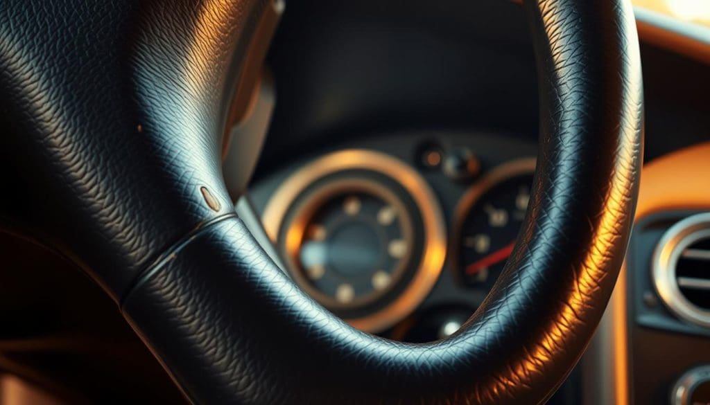 A close-up view of a steering wheel vibrating in a vehicle, with a focus on the intricate details of the wheel bearings underneath. In the foreground, the steering wheel is prominent, showcasing the texture of the leather and visible signs of vibration. The middle section reveals the inner workings of the wheel bearings, depicting wear and tear that leads to instability. The background consists of a blurred dashboard with soft lighting, creating a realistic driving ambiance. The angle is slightly tilted to emphasize the vibrating motion, while warm, natural lighting enhances the overall clarity. The atmosphere feels tense and analytical, illustrating the mechanical issues impacting vehicle stability without any people or distractions in the frame.