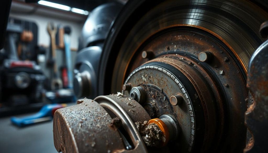 A close-up view of a vehicle's brake components, specifically focusing on worn brake pads and discs, illustrating common audible warning signs of brake wear. In the foreground, show the brake pads with signs of thinning and metal wear, accompanied by metallic shavings and debris. The middle ground includes partially visible brake rotors, highlighting grooves and discoloration due to overheating. The background features a dimly lit garage setting with tools and car parts scattered around, enhancing the mechanical atmosphere. Soft, focused overhead lighting casts subtle shadows, emphasizing texture and detail. The mood is informative and technical, inviting viewers to understand the signs of brake wear. A close-up view of a vehicle's brake components, specifically focusing on worn brake pads and discs, illustrating common audible warning signs of brake wear. In the foreground, show the brake pads with signs of thinning and metal wear, accompanied by metallic shavings and debris. The middle ground includes partially visible brake rotors, highlighting grooves and discoloration due to overheating. The background features a dimly lit garage setting with tools and car parts scattered around, enhancing the mechanical atmosphere. Soft, focused overhead lighting casts subtle shadows, emphasizing texture and detail. The mood is informative and technical, inviting viewers to understand the signs of brake wear.