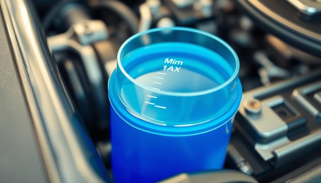 A close-up view of an engine coolant reservoir, focusing on the precise coolant levels marked on the transparent container, with vibrant blue coolant fluid contrasting against the clear plastic. In the foreground, a clean, shiny engine bay is partially visible, with reflective metal components suggesting a well-maintained engine. The middle ground features the reservoir with a clearly defined min and max level indicator, illuminated by soft, natural lighting that creates a slight sheen on the coolant surface. The background shows blurred engine parts, adding depth without distraction. The overall mood is technical and informative, illustrating the importance of monitoring coolant levels for engine health.