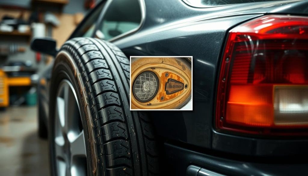 A close-up view of various vehicle wear signs on a well-used car, highlighting areas such as worn tires, cracked windshield, rusted body parts, and faded headlights. In the foreground, focus on a tire showing significant tread wear and sidewall damage, while the middle section displays a detailed image of a rust patch on the car's door and a cracked tail light. The background features a garage setting with tools and auto parts slightly blurred to keep emphasis on the car. The lighting is soft but focused, capturing the texture of the wear signs effectively, evoking a sense of urgency about maintenance. The atmosphere is informative and slightly somber, underscoring the importance of recognizing wear and tear in a vehicle's lifespan.
