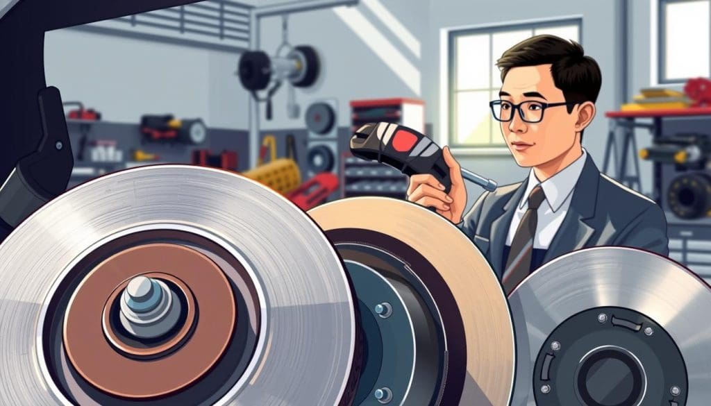 A detailed and informative illustration showcasing best practices for extending brake life. In the foreground, a close-up view of well-maintained brake pads and rotors, highlighting their clean surfaces and optimal thickness. In the middle ground, a mechanic of Asian descent in professional business attire, holding a brake caliper in one hand and a tool in the other, examining the components with focus. The background features a well-lit workshop with tools and brake parts neatly organized. Natural sunlight filters through a window, casting soft shadows, creating a professional yet approachable atmosphere. The overall mood is educational, emphasizing diligence and care in vehicle maintenance. A detailed and informative illustration showcasing best practices for extending brake life. In the foreground, a close-up view of well-maintained brake pads and rotors, highlighting their clean surfaces and optimal thickness. In the middle ground, a mechanic of Asian descent in professional business attire, holding a brake caliper in one hand and a tool in the other, examining the components with focus. The background features a well-lit workshop with tools and brake parts neatly organized. Natural sunlight filters through a window, casting soft shadows, creating a professional yet approachable atmosphere. The overall mood is educational, emphasizing diligence and care in vehicle maintenance.