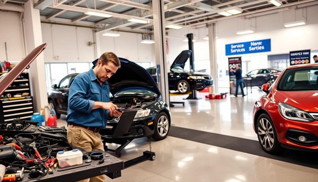 A detailed and informative scene depicting a comparison of labor rates in automotive service environments. In the foreground, an independent mechanic in a modest blue work shirt and khaki pants examines a car engine on a workbench cluttered with tools, displaying focused concentration. In the middle ground, a sleek dealership service area shines with polished floors, featuring a dealership technician in a professional uniform inspecting a car on a lift. The background showcases a bright, well-lit garage space, accented by modern lighting fixtures and banners highlighting service rates. The atmosphere is one of professionalism and diligence, capturing the contrast in cost considerations. The image is taken from a slightly elevated angle to emphasize both settings, with soft diffused lighting to enhance clarity and detail. A detailed and informative scene depicting a comparison of labor rates in automotive service environments. In the foreground, an independent mechanic in a modest blue work shirt and khaki pants examines a car engine on a workbench cluttered with tools, displaying focused concentration. In the middle ground, a sleek dealership service area shines with polished floors, featuring a dealership technician in a professional uniform inspecting a car on a lift. The background showcases a bright, well-lit garage space, accented by modern lighting fixtures and banners highlighting service rates. The atmosphere is one of professionalism and diligence, capturing the contrast in cost considerations. The image is taken from a slightly elevated angle to emphasize both settings, with soft diffused lighting to enhance clarity and detail.