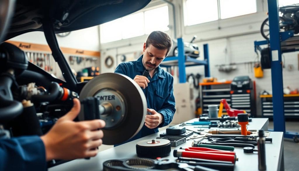 A detailed brake inspection scene in an automotive workshop. In the foreground, a mechanic in professional blue coveralls carefully examines a car's brake system, using a brake caliper tool. The mechanic is focused, highlighting their expertise and attention to detail. In the middle ground, various automotive tools and parts are organized on a clean workbench, creating a sense of order and professionalism. The background features a well-lit garage with tools hanging on the walls and a vehicle lift, showcasing a busy yet organized environment. Natural light streams through a high window, casting soft shadows. The overall atmosphere is serious and technical, emphasizing the importance of safety and thoroughness in brake maintenance. A detailed brake inspection scene in an automotive workshop. In the foreground, a mechanic in professional blue coveralls carefully examines a car's brake system, using a brake caliper tool. The mechanic is focused, highlighting their expertise and attention to detail. In the middle ground, various automotive tools and parts are organized on a clean workbench, creating a sense of order and professionalism. The background features a well-lit garage with tools hanging on the walls and a vehicle lift, showcasing a busy yet organized environment. Natural light streams through a high window, casting soft shadows. The overall atmosphere is serious and technical, emphasizing the importance of safety and thoroughness in brake maintenance.
