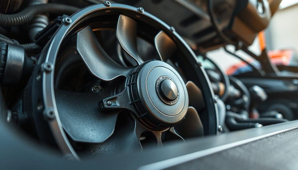 A detailed close-up of a car radiator fan, showcasing its intricate blades and housing. The foreground features the fan, with metallic textures glistening under bright, natural lighting. In the middle ground, surrounding components of the cooling system are visible, including hoses and connectors, giving a sense of depth and complexity. The background softly fades into a blurred garage setting, hinting at car maintenance. The perspective is slightly low, providing a dynamic angle that emphasizes the fan's size and importance. The atmosphere conveys a sense of engineering and precision, highlighting the fan's essential role in vehicle cooling systems, particularly in stop-and-go traffic conditions. A detailed close-up of a car radiator fan, showcasing its intricate blades and housing. The foreground features the fan, with metallic textures glistening under bright, natural lighting. In the middle ground, surrounding components of the cooling system are visible, including hoses and connectors, giving a sense of depth and complexity. The background softly fades into a blurred garage setting, hinting at car maintenance. The perspective is slightly low, providing a dynamic angle that emphasizes the fan's size and importance. The atmosphere conveys a sense of engineering and precision, highlighting the fan's essential role in vehicle cooling systems, particularly in stop-and-go traffic conditions.