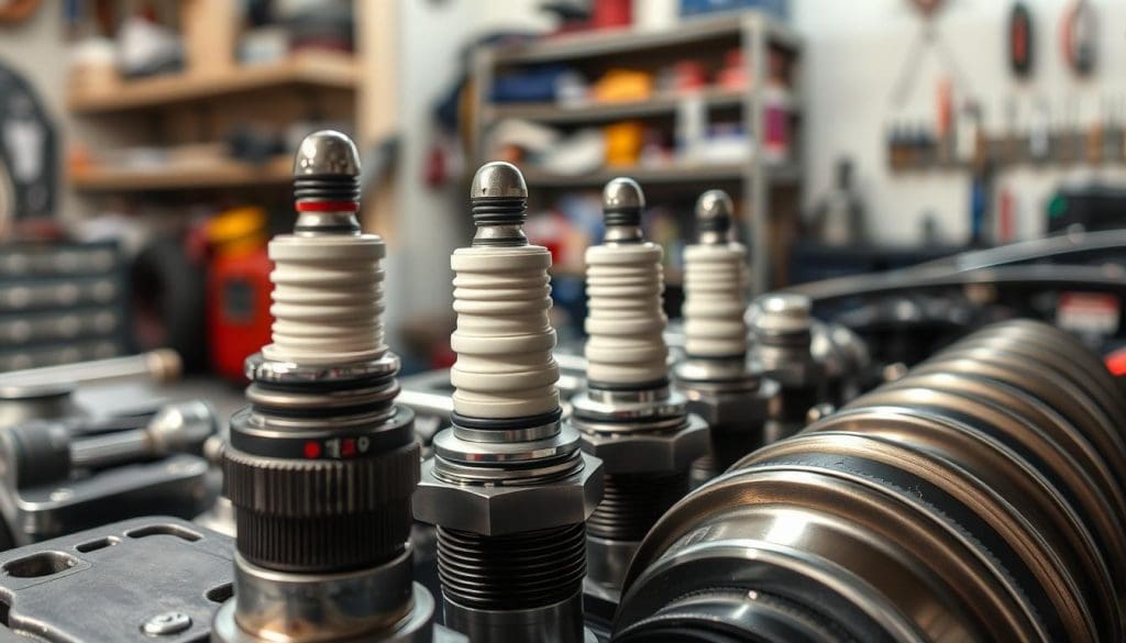 A detailed close-up of spark plugs and an air intake system, showcasing their intricate designs and metallic textures. In the foreground, vibrant spark plugs gleam with polished surfaces, while the air intake component features smooth curves and a matte finish. The middle layer presents a well-organized mechanic's workspace, with tools and equipment subtly blurred to keep the focus on the engine components. In the background, workshop shelves filled with automotive supplies hint at a busy repair environment. Soft, natural lighting illuminates the scene, casting gentle shadows and enhancing the shiny surfaces. The overall mood is professional and focused, capturing the essence of engine maintenance.