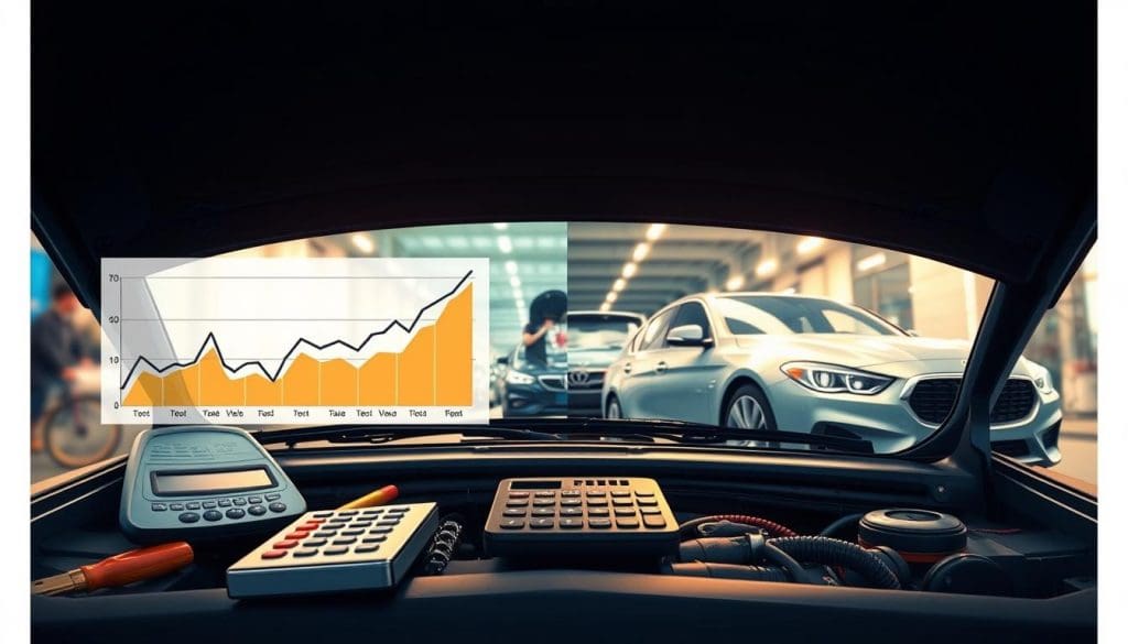 A detailed illustration depicting the financial aspect of deciding whether to repair or replace a car. In the foreground, an open car hood reveals tools and a calculator, symbolizing repair costs. Beside it, a graphic showing a rising line chart representing car value depreciation. The middle ground features a split image: one side shows a mechanic working diligently on an old car, while the other side shows a new car gleaming under showroom lights. In the background, a blurred cityscape suggests the everyday environment where these decisions take place. The atmosphere should evoke contemplation and analysis, with soft, warm lighting highlighting the contrast between the old and new cars, using a slight fish-eye lens perspective for added depth. A detailed illustration depicting the financial aspect of deciding whether to repair or replace a car. In the foreground, an open car hood reveals tools and a calculator, symbolizing repair costs. Beside it, a graphic showing a rising line chart representing car value depreciation. The middle ground features a split image: one side shows a mechanic working diligently on an old car, while the other side shows a new car gleaming under showroom lights. In the background, a blurred cityscape suggests the everyday environment where these decisions take place. The atmosphere should evoke contemplation and analysis, with soft, warm lighting highlighting the contrast between the old and new cars, using a slight fish-eye lens perspective for added depth.
