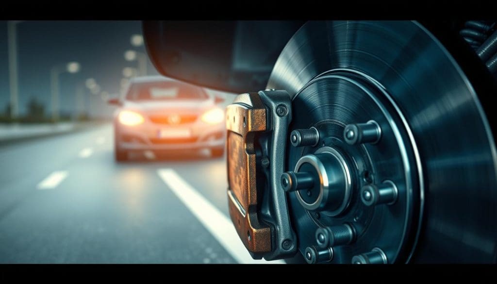 A detailed illustration of a car brake system imbalance, focusing on the brake components in disarray. In the foreground, emphasize a close-up of a brake caliper with uneven wear on the brake pads, showcasing signs of overheating and uneven pressure. The middle ground should display a partially disassembled vehicle with the brake lines exposed, highlighting the disconnection or irregularities in the brake fluid flow. In the background, suggest a blurred roadway, hinting at the car pulling to one side, with a slight tilt to convey imbalance. Utilize dramatic lighting to emphasize the mechanical details, with a slight shadow on one side to enhance depth. Capture the mood of a technical investigation, with cool tones and a sharp focus to convey the seriousness of the subject matter. A detailed illustration of a car brake system imbalance, focusing on the brake components in disarray. In the foreground, emphasize a close-up of a brake caliper with uneven wear on the brake pads, showcasing signs of overheating and uneven pressure. The middle ground should display a partially disassembled vehicle with the brake lines exposed, highlighting the disconnection or irregularities in the brake fluid flow. In the background, suggest a blurred roadway, hinting at the car pulling to one side, with a slight tilt to convey imbalance. Utilize dramatic lighting to emphasize the mechanical details, with a slight shadow on one side to enhance depth. Capture the mood of a technical investigation, with cool tones and a sharp focus to convey the seriousness of the subject matter.