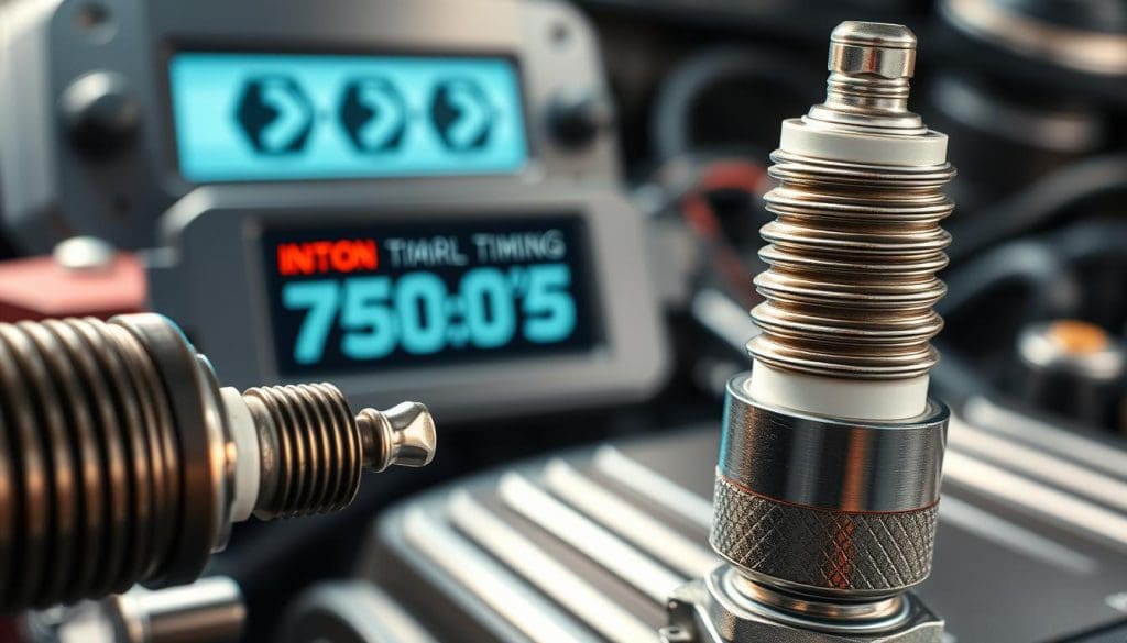 A detailed illustration of an engine's ignition timing mechanism, focusing on the timing advance and spark plug components. In the foreground, showcase a spark plug with realistic details, including wear patterns and metallic textures. The middle ground should feature a digital display showing the ignition timing settings, complete with highlighting for various degrees of advance. In the background, highlight an engine bay with a focus on the ignition system, illuminated by soft, focused lighting to create a technical atmosphere. Use a shallow depth of field to emphasize the ignition components while softly blurring the background. The overall mood should be informative and technical, ideal for an automotive diagnostic setting, shot from a slightly elevated angle to enhance detail visibility and depth. A detailed illustration of an engine's ignition timing mechanism, focusing on the timing advance and spark plug components. In the foreground, showcase a spark plug with realistic details, including wear patterns and metallic textures. The middle ground should feature a digital display showing the ignition timing settings, complete with highlighting for various degrees of advance. In the background, highlight an engine bay with a focus on the ignition system, illuminated by soft, focused lighting to create a technical atmosphere. Use a shallow depth of field to emphasize the ignition components while softly blurring the background. The overall mood should be informative and technical, ideal for an automotive diagnostic setting, shot from a slightly elevated angle to enhance detail visibility and depth.