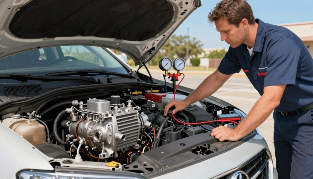 A detailed illustration showing a vehicle with its hood open, revealing a technician in professional attire inspecting the car's A/C compressor and condenser. In the foreground, display common signs of a failing A/C system, such as a temperature gauge reading higher than normal and visible leaks or fluid around the components. In the middle, showcase diagnostic tools like a manifold gauge set and a thermometer placed strategically. In the background, include a sunny San Antonio setting with clear blue skies to evoke the heat. The lighting should be bright and natural, capturing the essence of a hot day. The atmosphere should convey urgency and the importance of A/C maintenance, focusing on the vehicle's components for a technical yet accessible look.