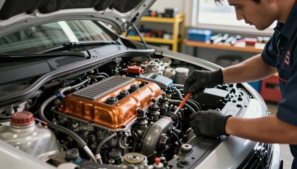 A detailed interior view of a well-maintained car engine, showcasing vibrant metallic components and glistening oil filters surrounded by clean, organized tools. In the foreground, a gloved hand examines the oil dipstick with a concentrated expression, dressed in a professional mechanic's outfit. The background features a well-lit garage, with shelves filled with car maintenance tools and equipment, casting soft shadows across the space. Natural light streams in from a nearby window, highlighting the intricate details of the engine parts. The mood is focused and industrious, emphasizing the importance of proper engine oil and lubrication to extend a car’s lifespan. A shallow depth of field keeps the attention on the engine components and the mechanic’s actions. A detailed interior view of a well-maintained car engine, showcasing vibrant metallic components and glistening oil filters surrounded by clean, organized tools. In the foreground, a gloved hand examines the oil dipstick with a concentrated expression, dressed in a professional mechanic's outfit. The background features a well-lit garage, with shelves filled with car maintenance tools and equipment, casting soft shadows across the space. Natural light streams in from a nearby window, highlighting the intricate details of the engine parts. The mood is focused and industrious, emphasizing the importance of proper engine oil and lubrication to extend a car’s lifespan. A shallow depth of field keeps the attention on the engine components and the mechanic’s actions.